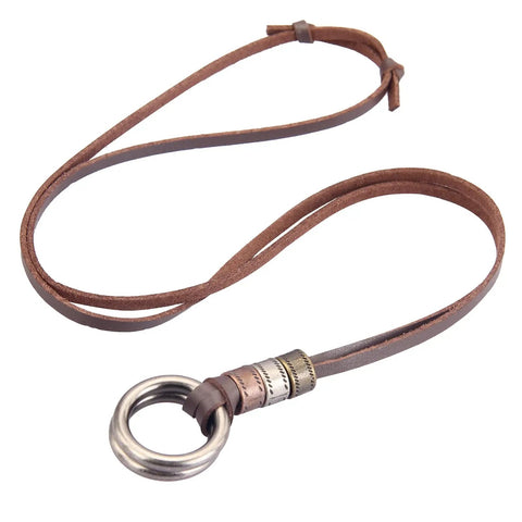 Top Shelf Handcrafted Leather Necklace For Men And Women Boasting A Fly Vintage Hippie Design With Adjustable Long Cord And Smooth Durable Alloy Cross Pendant In Classic Brown, featuring a brown leather cord with a metal ring pendant.