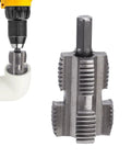 Heavy Duty PvC Pipe Threader Kit With Electric Drill Adapter showing carbon steel threader attached to drill for threading pipes.