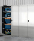 Hardened Steel Tool Cabinet With Anti Rust Finish And Tight Lock For Tall Workshop Storage with blue tool boxes inside.