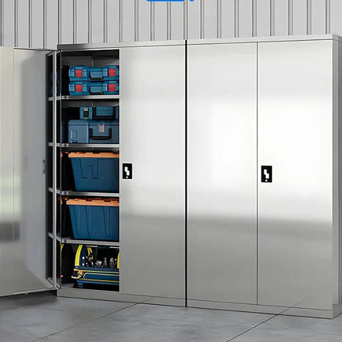 Hardened Steel Tool Cabinet With Anti Rust Finish And Tight Lock For Tall Workshop Storage with blue tool boxes inside.