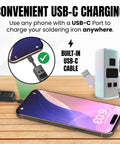 Phone charging Pocket Size Rechargeable Soldering Iron Pen With Built In USB C Cable on wooden surface
