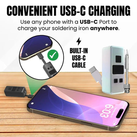 Phone charging Pocket Size Rechargeable Soldering Iron Pen With Built In USB C Cable on wooden surface