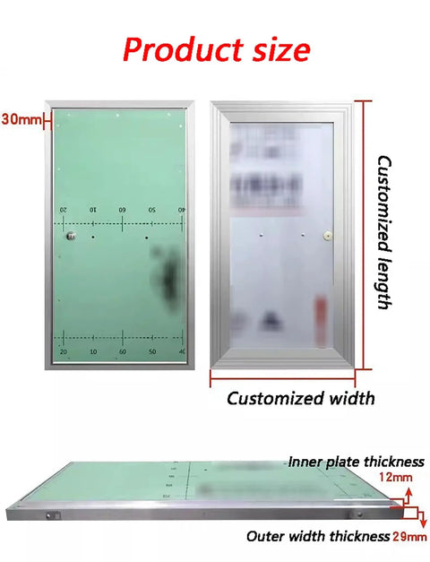 Heavy Duty Fire Rated Hidden Access Door With Paintable Gypsum Panel And Aluminum Frame dimensions display, 30mm height, customizable sizes.