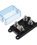 Two Way AMG Mega Fuse Holder ANM B2 Bolt On Fuse Block For One Or Two Fuses 32V DC with blue cover, black base, four bolt connections