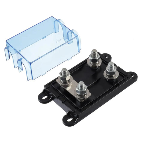 Two Way AMG Mega Fuse Holder ANM B2 Bolt On Fuse Block For One Or Two Fuses 32V DC with blue cover, black base, four bolt connections