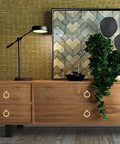 6 Pcs Brushed Brass Cabinet Ring Pulls Set In Zinc Alloy installed on wooden drawers with a modern indoor decor background.