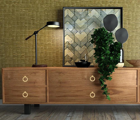 6 Pcs Brushed Brass Cabinet Ring Pulls Set In Zinc Alloy installed on wooden drawers with a modern indoor decor background.