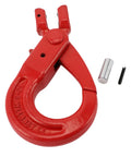 Red G80 Alloy Steel Clevis Slip Hook with locking pin, 3.15 ton load limit, shown with accessories for secure lifting applications.