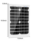 20W Monocrystalline Solar Panel And 5A PWM Charge Kit with USB 5V Output for RVs, boats, and camping, dimensions 18.5 x 13.6 inches