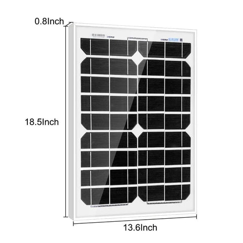 20W Monocrystalline Solar Panel And 5A PWM Charge Kit with USB 5V Output for RVs, boats, and camping, dimensions 18.5 x 13.6 inches