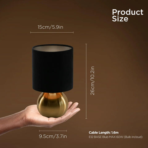 Small Bedside Lamp With Brass Base And Black Fabric Shade, Mini Table Lamp held in hand, size comparison, cozy vibe glow
