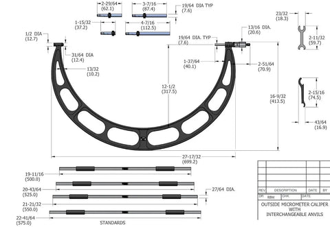 Technical drawing of Interchangeable Anvil Micrometer With Ratchet Stop And Lock Nut, 150-300mm Range, 0.01mm Graduation
