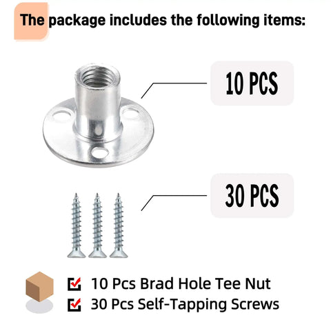 Rock Solid M12 Flange Tee Nuts With Matching Screws 10 Pack Zinc Plated Steel round base tee nut and screws for woodworking.