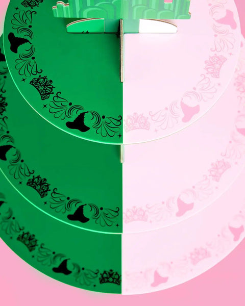 Top view of Pink And Green Witch Cupcake Tower 3 Tier Party Ready Birthday Dessert Display Stand For Girls Party Decor Kids Wizard Themed Cake Stand