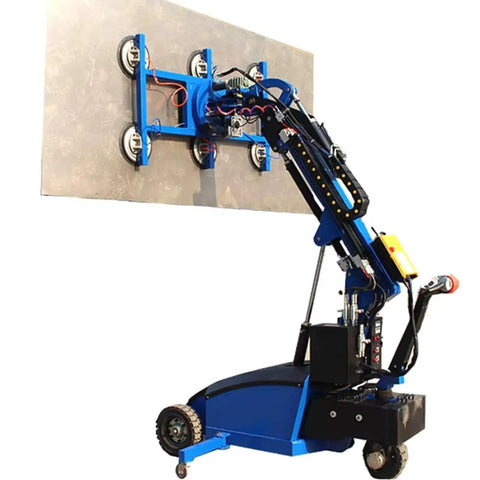 Badass Heavy Duty Electric Vacuum Glass Lifter With Hydraulic Arm for Curtain Wall setup lifting a large granite panel with multi-cup suction.