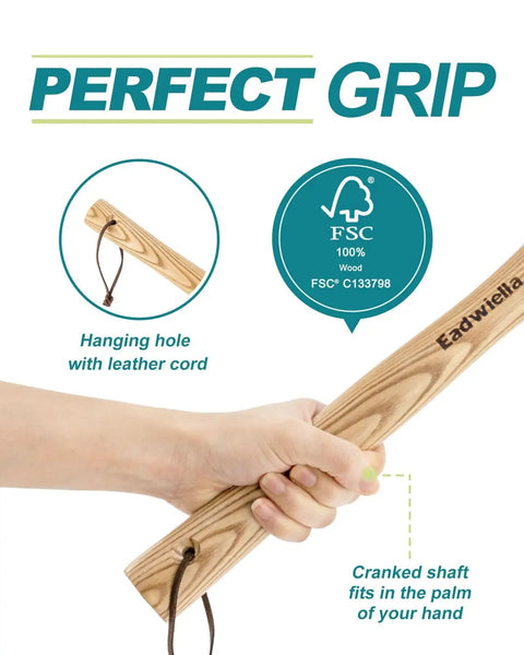 Close-up of hand holding 2 In 1 Garden Axe And Hoe Tool With Hardwood Handle, featuring perfect grip and leather cord.