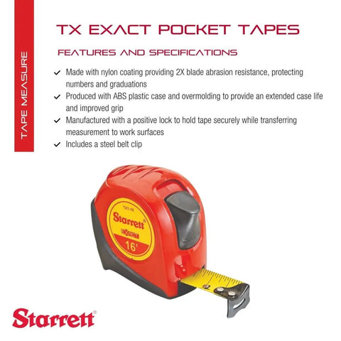 Exact Retractable Imperial Pocket Tape Measure with Nylon Coating, Self Adjusting End Hook, Steel Belt Clip, 1 in x 16 ft, on display
