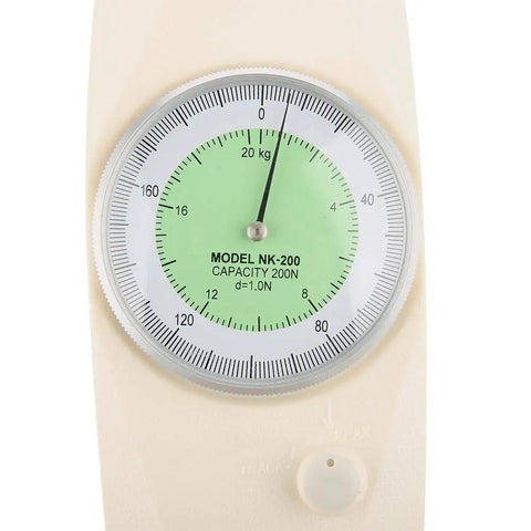 200N Force Dynamometer Gauge For Push Pull Testing dial face, model NK-200, white plastic handheld gauge