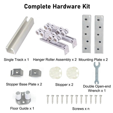 Heavy Duty Aluminum Sliding Door Hardware Kit Featuring Rock Solid Dual Roller Wheels For Closet Or Barn Doors Adjustable Cuttable Ceiling Track With No Sweat Installation, includes roller assemblies and track components.