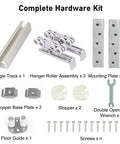 No Sweat Heavy Duty Aluminum Barn Door Hardware Kit Smooth Ride Ceiling Track Rail System With Dual Ball Bearing Rollers Waterproof Rust Proof Easy Cut To Size Closet Setup, complete hardware kit components.