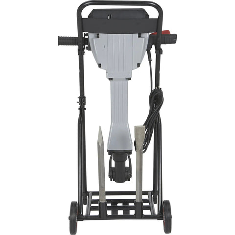 Heavy Duty Breaker Hammer Kit With Cart 15 Amp Motor 110V Power Smashes Concrete Like A Champ on rolling cart, view from the back.