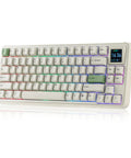 Slick Retro Wireless Mechanical Keyboard Featuring Hot Swap Switches And Compact Display Screen For Epic Gamer Desk Setup With Dope Typing Feel Rad Fern Green Color Palette Cool Workspace Essential, white keys with RGB lighting.