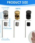 9 Piece Universal Quick Open Thumb Studs Replacement Set For EDC Knives Easy One Hand Flip Upgrade With Hex Wrench Compatible With Kwik Tools And Gear Maintenance Hardware Parts Installation Kit In Black Silver Gold, shown with three stud sets, hex wrenches, and dimensions.