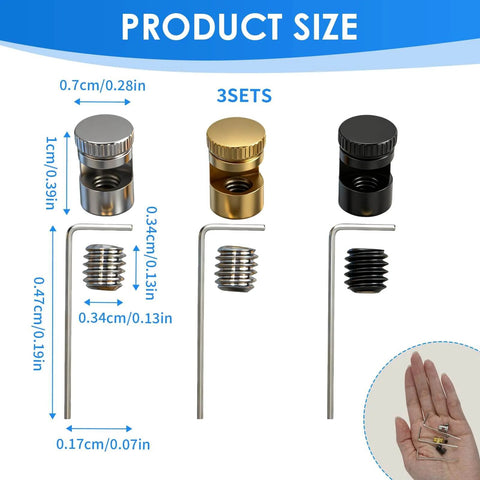 9 Piece Universal Quick Open Thumb Studs Replacement Set For EDC Knives Easy One Hand Flip Upgrade With Hex Wrench Compatible With Kwik Tools And Gear Maintenance Hardware Parts Installation Kit In Black Silver Gold, shown with three stud sets, hex wrenches, and dimensions.