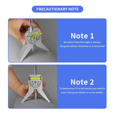 Pipe center finder with 4in Y‑type base and adjustable dial bubble protractor; metal tool, front and side views