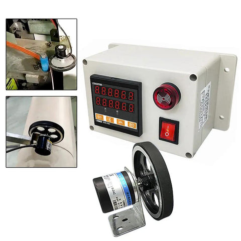Digital Length Meter Counter With 300 PPR Rolling Wheel Encoder For Easy Pro Grade Distance Measurement In Millimeters Auto Reset Power Off Memory And Precision Testing Equipment 0 To 999999 mounted on textile machine with wheel sensor