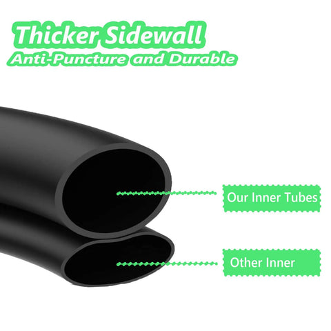 Comparison of two bike inner tubes highlighting thicker sidewall for Two Pack 12.5 Inch Inner Tubes With Bent Valve Stems Thickened For Extra Comfort