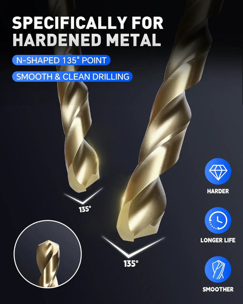 Close-up of M35 Cobalt Drill Bit Set For Hardened Metal And Stainless Steel with 135° split point showing smooth drilling design.