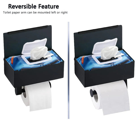 Super Handy Stainless Steel Wall Mounted Toilet Paper Holder With Hidden Shelf To Stash Flushable Wipes And Feminine Products for reversible use