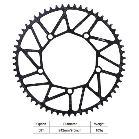 58T 130 BCD Aluminum Alloy Narrow Wide Chainring for Road and Mountain Bikes with dimensions and weight shown
