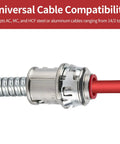 Premium 3/8 Inch MC Cable Connectors 25 Pack Top Shelf Zinc Die Cast Metal Clad Fittings close-up on red cable installation.
