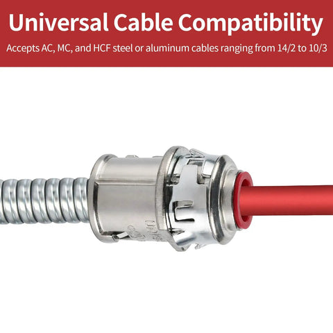 Premium 3/8 Inch MC Cable Connectors 25 Pack Top Shelf Zinc Die Cast Metal Clad Fittings close-up on red cable installation.