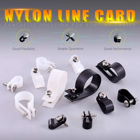 R Type Nylon Cable Clip Kit 135 Pack Six Size Assortment in white and black with screws displayed on a gray background.