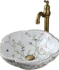 White Flower Vessel Sink With Antique Brass Faucet And Pop-Up Drain, Round Ceramic Basin, Floral Above Counter Vanity Sink, Bird Motif