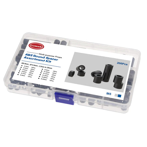 Black ABS Round Spacer Kit For M5 Screws, 200Pcs, 12 Heights From 0.11 Inch To 0.98 Inch, ID 5.4mm, OD 9mm in labeled plastic case