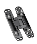 Front view of black heavy-duty weldable barrel door hinge with screws, built to last for wooden furniture doors.