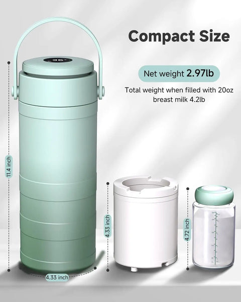 Portable Breast Milk Cooler With Smart Temp Gauge And 20 Oz Leak Proof Travel Bag For Moms And Dads, showcasing compact design and dimensions.
