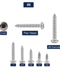 Pro Grade Number 6 X 1/2 Inch 304 Stainless Steel Wood Screws 100 Pack Pan Head Fasteners showing various sizes and cross head.