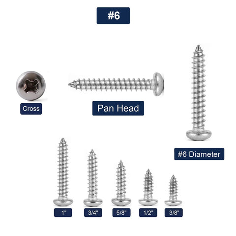 Pro Grade Number 6 X 1/2 Inch 304 Stainless Steel Wood Screws 100 Pack Pan Head Fasteners showing various sizes and cross head.