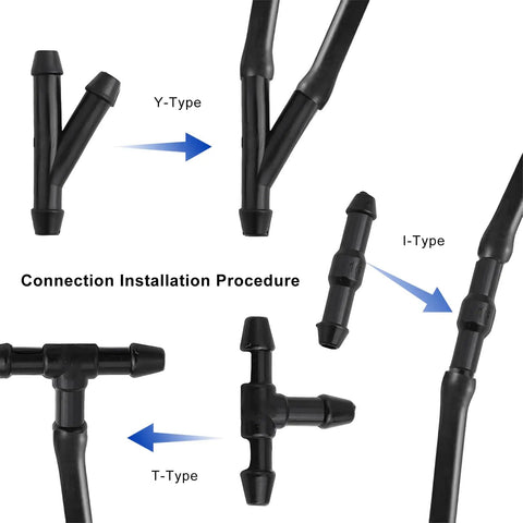 Dead Straight Four Meter Windshield Washer Hose Kit With Twelve Secure Gaskets And Tough Rubber Wiper Fluid Tubing showing connection types Y, I, and T.