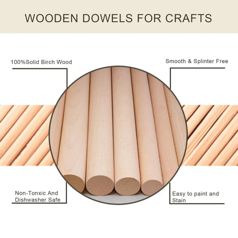 Premium Unfinished Birch Dowel Rods 1/4 X 6 In Natural Hardwood Sticks For Crafts And Diy Projects showing smooth, splinter-free finish.