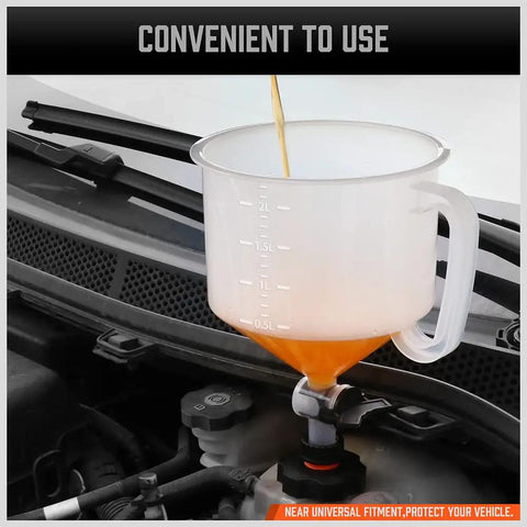 Slick No Drama Spill Proof Coolant Funnel Kit With Universal Adapter Bleeder pouring coolant into a car's reservoir.