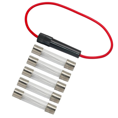 Beefy 250V Inline Fuse Holder Set With Six 6X30mm 1A Glass Fuses Bakelite Build, includes red wire and glass fuses.