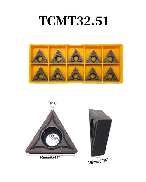 Ten TCMT32.51/32.52 triangular carbide turning inserts with center hole in a yellow rack; 16 mm size, 3.97 mm thick.