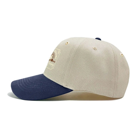 Side view of women's breathable cap with adjustable buckle perfect for running hiking cycling and everyday wear, off-white with navy peak