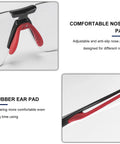 Close-up of red adjustable nose and ear pads on Photochromic Cycling Sunglasses For Men And Women, Frameless Bike Glasses With UV Protection